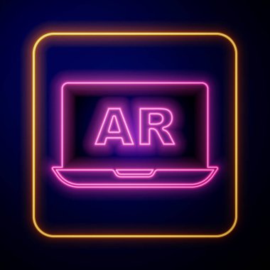 Parlayan neon yükseltilmiş gerçeklik AR simgesi siyah arkaplanda izole edildi. Sanal geleceksel giyilebilir cihazlar. Vektör.