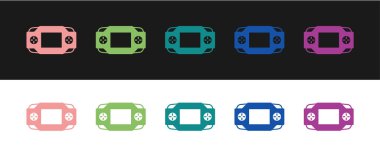 Portatif oyun konsolu simgesini siyah ve beyaz arkaplanda izole et. El bilgisayarı oyun konsolu. Vektör.