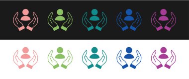 Hayat sigortası simgesini siyah beyaz arkaplanda ayır. Güvenlik, güvenlik, koruma, konsept koruma. Vektör.