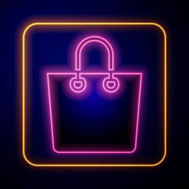 Parlayan neon kağıt poşet ikonu siyah arka planda izole edildi. Paket işareti. Vektör.