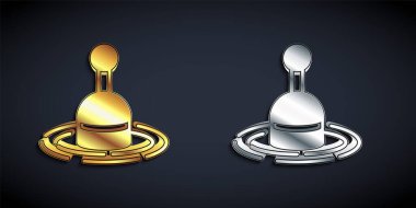 Siyah arka planda izole edilmiş su ikonunda altın ve gümüş balıkçılığı yüzüyor. Balık oltası. Uzun gölge tarzı. Vektör.