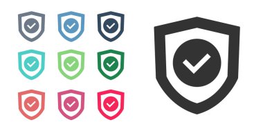 Siyah Kalkan beyaz arkaplanda işaretleme simgesi ile izole edildi. Koruma sembolü. Güvenlik kontrolü Simge. Kene izi onaylı simge. Simgeleri renklendirin. Vektör.