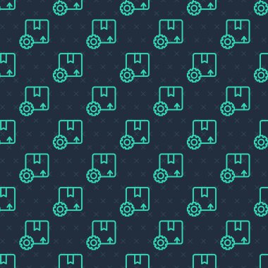 Paket kutusu simgesine sahip yeşil çizgi dişli tekerleği mavi arkaplanda izole edilmiş pürüzsüz desen. Kutu, paket, paket işareti. Teslimat ve ambalaj. Vektör.