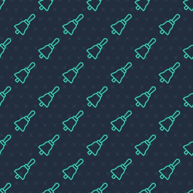 Yeşil çizgi zil simgesi mavi arka planda izole edilmiş. Alarm sembolü, servis zili, el zili işareti, uyarı sembolü. Vektör.