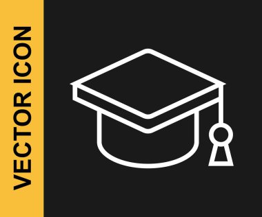 Beyaz çizgi mezuniyet simgesi siyah arkaplanda izole edildi. Tassel ikonlu mezuniyet şapkası. Vektör.