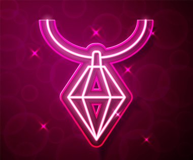 Kolye ikonundaki parlak neon çizgili kolye kırmızı arka planda izole edilmiş. Vektör.