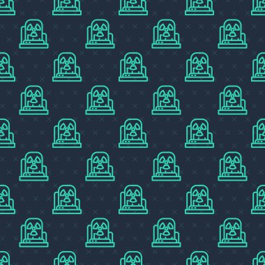 Yeşil çizgi radyoaktif uyarı lambası ikonu mavi arka planda izole edilmiş pürüzsüz desen. Vektör.