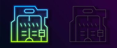 Parlak neon çizgisi, siyah arkaplanda izole edilmiş gelecekçi sürgülü kapı simgesi. Vektör.