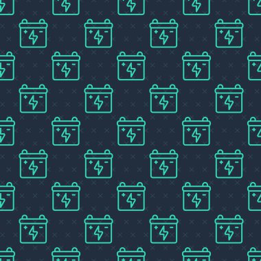 Yeşil çizgili araba aküsü ikonu mavi arka planda izole edilmiş. Akümülatör bataryası enerji ve elektrik akümülatörü bataryası. Vektör.