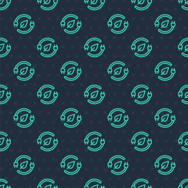Green line Electric saving plug in leaf icon isolated seamless pattern on blue background. Save energy electricity. Environmental protection. Bio energy. Vector.