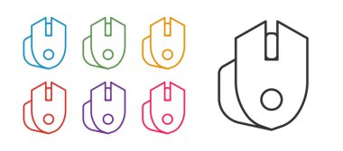 Satır satırı fare oyun simgesini beyaz arkaplanda izole et. Tekerlek sembollü optik. Simgeleri renklendirin. Vektör.