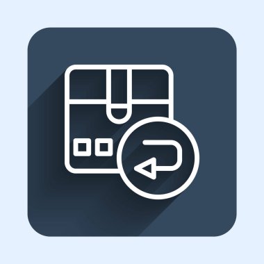 Beyaz çizgi Dönüş karton kutu simgesi uzun gölge arkaplan izole. Kutu, paket, paket işareti. Teslimat ve ambalaj. Mavi kare düğme. Vektör.
