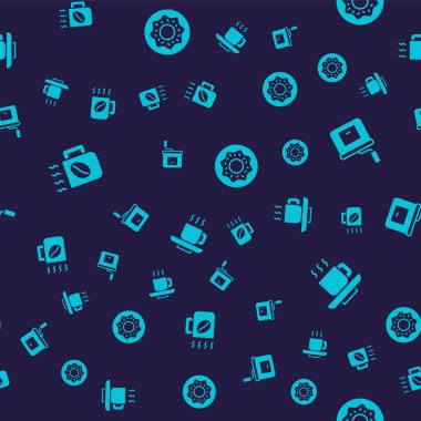 Kahve fincanı manuel kahve öğütücü çöreği ve pürüzsüz desenlere ayarlayın. Vektör.