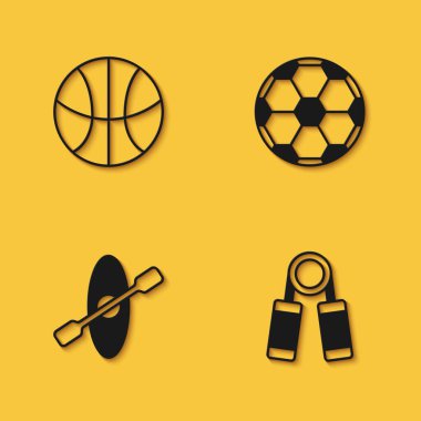 Basketbol sporu genişletici kano küreği ve futbol ikonu uzun gölgeli olsun. Vektör.