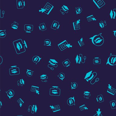 Mezuniyet kepini konuşma baloncuğu çevrimiçi eğitim ve fare ile kusursuz desen olarak ayarla. Vektör.