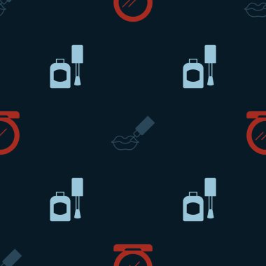 Makyaj tozunu aynalı dudak büyütme ve bir şişe tırnak cilasıyla kusursuz desenlere ayarla. Vektör.