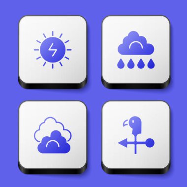 Güneş enerjisi panelini yağmur ve horoz rüzgar gülü ikonu ile ayarla. Beyaz kare düğme. Vektör.