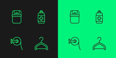 Askı dolabı, tuvalet kağıdı, çöp tenekesi ve antibakteriyel sabun ikonu. Vektör.