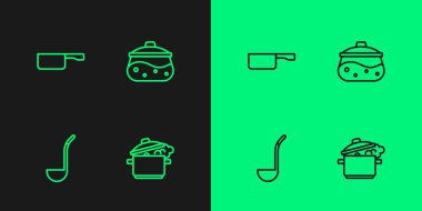 Yemek pişirme kabı, kepçe kızartma tavası ve ikon. Vektör.