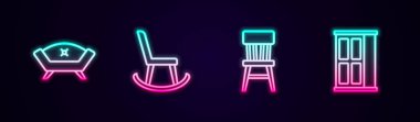 Koltuk Koltuğu ve Gardırop 'u ayarlayın. Parlayan neon ikonu. Vektör.