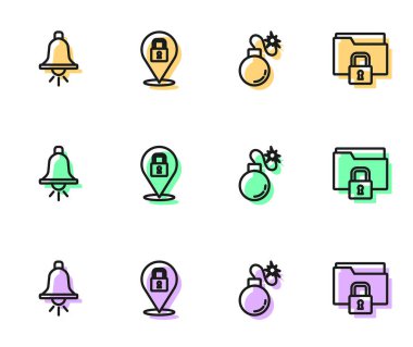 Bomba Çalan Alarm Çanı Kilidi ve Dizin 'i ayarla ve simgeyi kilitle. Vektör.