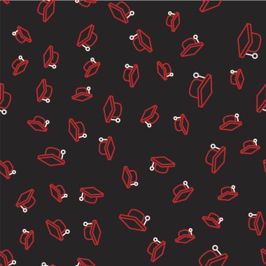 Çizgi mezuniyet simgesi siyah arkaplanda izole edilmiş kusursuz desen. Tassel ikonlu mezuniyet şapkası. Vektör.