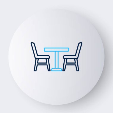 Beyaz arka planda izole edilmiş sandalye simgesi olan ahşap masa. Renkli taslak konsepti. Vektör.