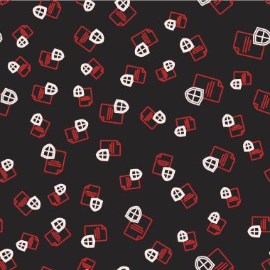 Kalkan simgesiyle yapılan çizgi sözleşmesi siyah arkaplanda izole edilmiş pürüzsüz desen. Sigorta konsepti. Güvenlik, güvenlik, koruma, konsept koruma. Vektör.