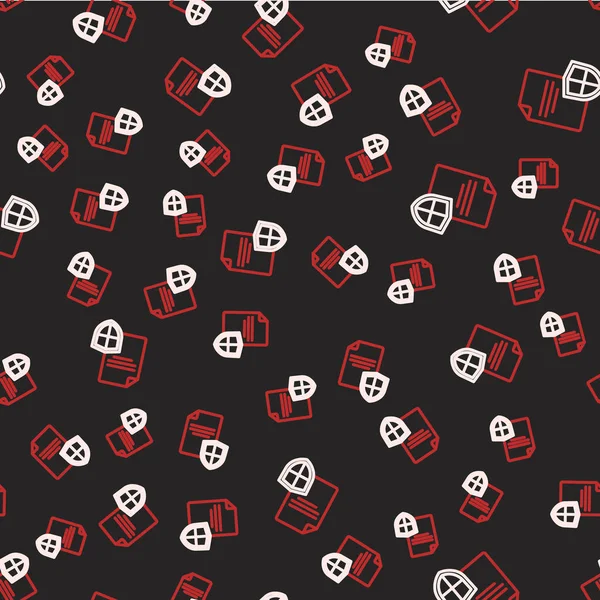 Kalkan simgesiyle yapılan çizgi sözleşmesi siyah arkaplanda izole edilmiş pürüzsüz desen. Sigorta konsepti. Güvenlik, güvenlik, koruma, konsept koruma. Vektör.