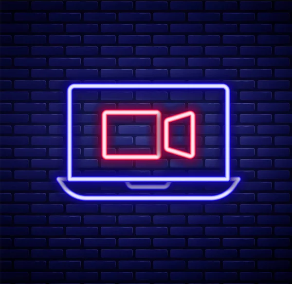 Leuchtendes Neon Line Video Chat Konferenzsymbol Isoliert Auf Ziegelwand Hintergrund — Stockvektor