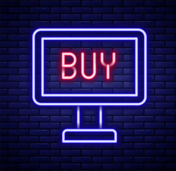 Glowing Neon Line Buy Button Icon Isolated Brick Wall Background — Διανυσματικό Αρχείο
