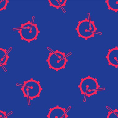 Kırmızı Davul ve baget çubukları ikonu mavi arka planda izole edilmiş kusursuz desen. Müzik işareti. Müzik aleti sembolü. Vektör.