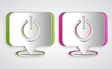 Kağıt kesme düğmesi simgesi gri arkaplanda izole edildi. Başlat işareti. Kağıt sanatı tarzı. Vektör.