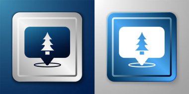 Ormanın beyaz konumu mavi ve gri arkaplanda izole edilmiş bir harita simgesi. Gümüş ve mavi kare düğme. Vektör.