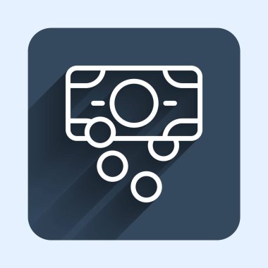 Beyaz çizgi kağıt para yığını uzun gölgeli izole nakit ikonu. Para desteleri. Para birimi. Mavi kare düğme. Vektör.