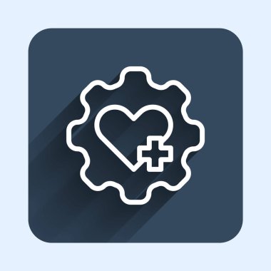 Uzun gölge arkaplan izole edilmiş bir haç simgesine sahip beyaz çizgi kalbi. İlk yardım. Sağlık, tıbbi ve eczane işaretleri. Mavi kare düğme. Vektör.