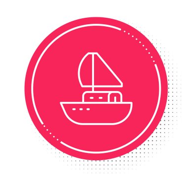 Beyaz çizgili yat ya da yelkenli gemi ikonu beyaz arka planda izole edilmiş. Yelkenli deniz seyahati. Kırmızı daire düğmesi. Vektör.