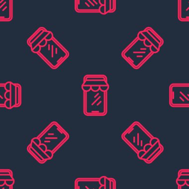 Kırmızı Hat Online, cep telefonu simgesinden alışveriş yapıyor. Siyah arkaplanda kusursuz desenler var. İnternet dükkanı, mobil mağaza uygulaması ve faturalar. Vektör.