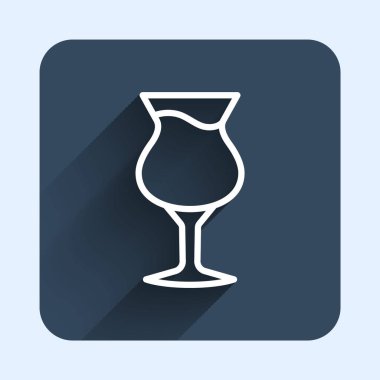 Beyaz çizgi, uzun gölge arkaplan izole bira ikonu. Mavi kare düğme. Vektör.