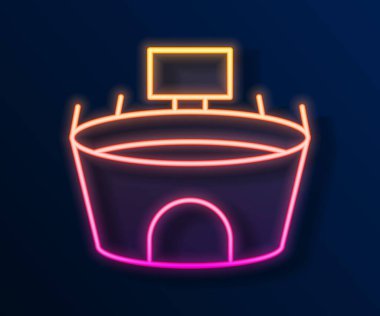 Parlayan neon hattı stadyum ikonu siyah arka planda izole edildi. Arena sembolü. Vektör.