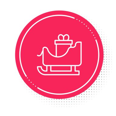 Beyaz çizgili Noel Baba kızağı beyaz arka planda izole edilmiş çuval torba ikonu. Mutlu Noeller ve mutlu yıllar. Kırmızı daire düğmesi. Vektör.