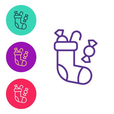 Beyaz arkaplanda izole edilmiş bir Noel çorabı simgesi belirle. Mutlu Noeller ve mutlu yıllar. Simgeleri renklendirin. Vektör.