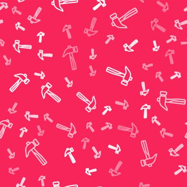 Beyaz çizgi çekiç simgesi kırmızı arkaplanda izole edilmiş. Tamir için bir araç. Vektör.