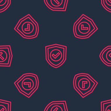 Kırmızı çizgi kalkanı, siyah arkaplanda işaretli simge izole edilmiş. Koruma sembolü. Güvenlik kontrolü Simge. Kene izi onaylı simge. Vektör.