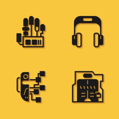 Mekanik robot eli sürgülü kapılar İnsanımsı ve uzun gölgeli kulaklık simgesi. Vektör.