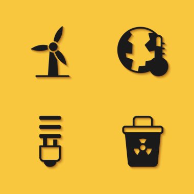 Rüzgâr türbini bulaşıcı atık LED ampulü ve Dünya 'nın uzun gölgeli küresel ısınma ikonuna erimesini ayarlayın. Vektör.