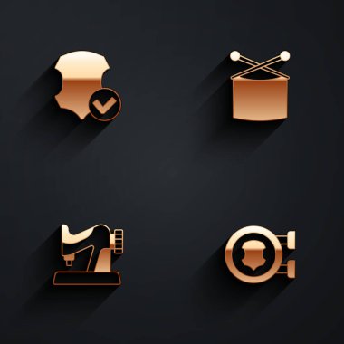 Deri örgü iğneleri dikiş makinesini ve uzun gölgeli ikonu hazırlayın. Vektör.