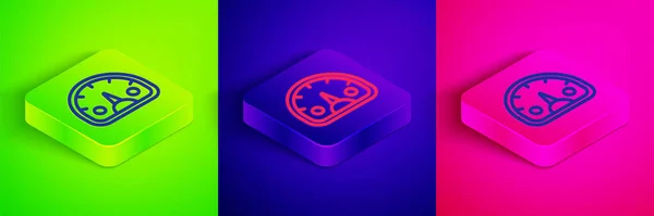 Isometric Line Speedometer Icon Isolated Green Blue Pink Background Square — 스톡 벡터