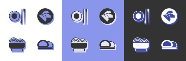 Set Palillos Sushi Food Con Plato Fideos Asiáticos Bol Icono — Vector de stock