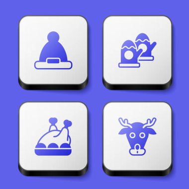 Noel Baba şapkası eldivenlerini fırında hindi, tavuk ve ren geyiği ikonu yap. Beyaz kare düğme. Vektör.